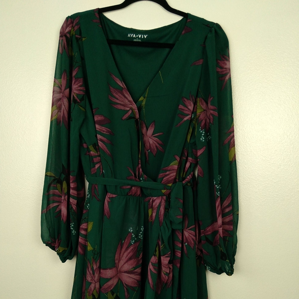Ava & Viv Dress Green Floral Faux Wrap 1X